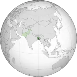 Location of Bangladesh (then East Pakistan) in green and present-day Pakistan (then the Western wing of Pakistan) in light green
