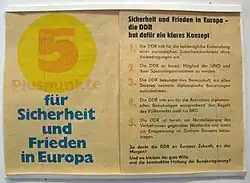 Front- and back side of a propaganda leaflet entitled "5 Pluspunkte für Sicherheit und Frieden in Europa".