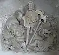Holcombe Burnell Church, Devon. Detail of central sculpted relief showing Christ stepping out of the tomb, with sleeping guards