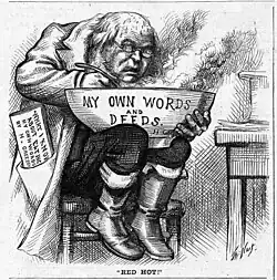 Cartoon from the 1872 presidential campaign, published in Harper's Weekly on July 13, showing Democratic fusion candidate Horace Greeley forced to eat his own words.