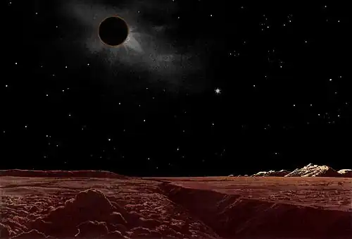 Painting of view from Moon's surface. The Earth is eclipsing the Sun in the lunar sky.