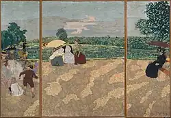 Decorative screen, The Public Gardens - The Nurses (left), The conversation (center), The Red Umbrella (right), Paris, Musée d'Orsay (1894)