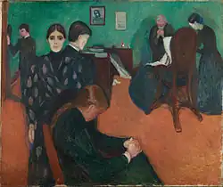 Death in the Sickroom, 1893, .mw-parser-output .frac{white-space:nowrap}.mw-parser-output .frac .num,.mw-parser-output .frac .den{font-size:80%;line-height:0;vertical-align:super}.mw-parser-output .frac .den{vertical-align:sub}.mw-parser-output .sr-only{border:0;clip:rect(0,0,0,0);clip-path:polygon(0px 0px,0px 0px,0px 0px);height:1px;margin:-1px;overflow:hidden;padding:0;position:absolute;width:1px}134&nbsp;cm ×&nbsp;160&nbsp;cm (52+3⁄4&nbsp;in ×&nbsp;63&nbsp;in), Munch Museum, Oslo
