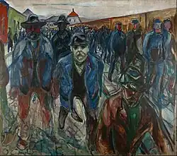 Workers on their Way Home, 1913–14, .mw-parser-output .frac{white-space:nowrap}.mw-parser-output .frac .num,.mw-parser-output .frac .den{font-size:80%;line-height:0;vertical-align:super}.mw-parser-output .frac .den{vertical-align:sub}.mw-parser-output .sr-only{border:0;clip:rect(0,0,0,0);clip-path:polygon(0px 0px,0px 0px,0px 0px);height:1px;margin:-1px;overflow:hidden;padding:0;position:absolute;width:1px}227 cm × 201 cm (89+1⁄4 in × 79+1⁄4 in), Munch Museum, Oslo