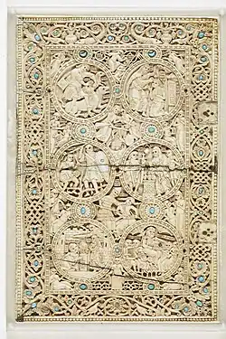 A richly decorated ivory plate depicting scenes from the life of King David