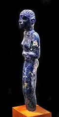 Egyptian statuette, 3300–3000 BCE. The lapis lazuli material is thought to have been imported through Mesopotamia from Afghanistan. Ashmolean.[23][16]