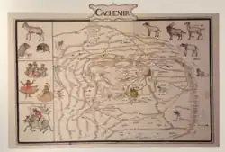 Elaborately illustrated map of the Kashmir Subah of the Mughal Empire, commissioned by Jean Baptiste Joseph Gentil, ca.1770