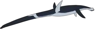 Life reconstruction of a blue long-necked marine reptile on a white background.