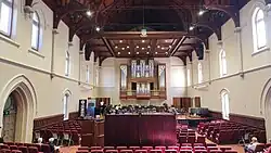 This is a photograph of the interior of the Elder Hall, which was inspired by Florentine Gothic architecture.