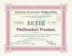 Share of the Elektrische Strassenbahn Wetzikon-Meilen AG, issued 19. April 1904