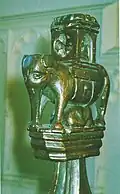 Elephant and castle carving of about 1475 on a modern chair made using medieval woodwork