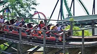 Train B maneuvering through the final camelbacks to the brake run