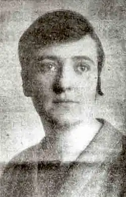 Portrait photograph of Emilienne Morin, wearing a short bob haircut