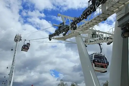 Image 27Gondolas of the Emirates Air Line cable car cross the River Thames from Greenwich Peninsula to Royal Docks.