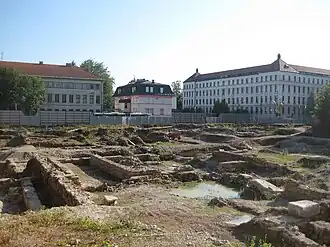 Excavations at the building site of the planned new National and University Library of Slovenia. One of the discoveries was the ancient Roman public bath house.[14]