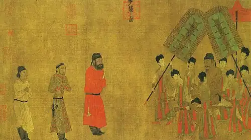 Painting of three men in respectful posture approaching a man seated on a palanquin and surrounded by attendants on the left