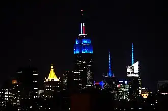 The Empire State Building in New York City was lit blue when CNN called Ohio for Obama, projecting him the winner of the election. Likewise, red would have been used if Romney won.[169]