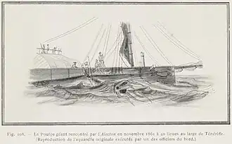 #18 (30/11/1861), The French corvette Alecton attempts to capture a giant squid off Tenerife on 30 November 1861. Reproduction of the original watercolour by officers of the Alecton, from Bourée (1912:115, fig. 108).