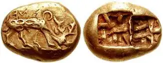 Electrum trite from Ephesus, 620–600&nbsp;BC. Obv.: Stag grazing right, ΦΑΝΕΩΣ (retrograde). Rev.: Two incuse punches, each with raised intersecting lines.