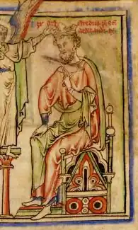 Detail of medieval manuscript illustration, showing Æthelred the Unready seated on a throne