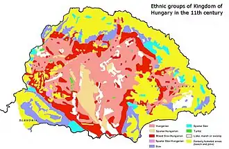 Kniezsa's (1938) view on the ethnic map of the Kingdom of Hungary in the 11th century, based on toponyms. Kniezsa's view has been criticized by many scholars, because of its non-compliance with later archaeological and onomastics research, but his map is still regularly cited in modern reliable sources. One of the most prominent critics of this map was Emil Petrovici.[138]