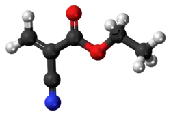 Ball-and-stick model of the ethyl cyanoacrylate molecule