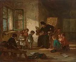 Deutsch: Lehrer in einer Grundschulklasse. Öl/Holz. 25,5 x 31 cm. Sign. und 1866 dat. Date 1866 Source Auktionshaus Zeller Eugène-François de Block (1812–1893).