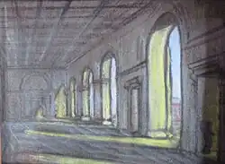 "European Hall Interior", By LVG, 1935, 6" x 8", Pastel/Charcoal, Goriansky Family Collection