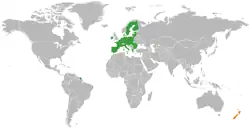 Map indicating locations of European Union and New Zealand