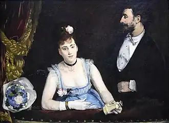 Une loge aux Théâtre Italiens (1874) by Eva Gonzalès. The man in the painting is her future husband Henri Guérard and the woman is her sister Jeanne Gonzalès.