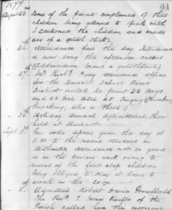 Handwritten text by a teacher. It discusses various events at the school in late August and early September 1877.