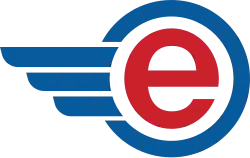 A red, lowercase "E" enclosed in a blue circle with blue "action lines" on the left