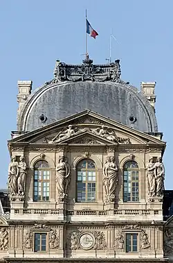 Baroque caryatids on the upper part of the Pavillon de l'Horloge on the Cour Carrée of the Louvre Palace, by Gilles Guérin and Philippe De Buyster after Jacques Sarazin, mid-17th century[25]