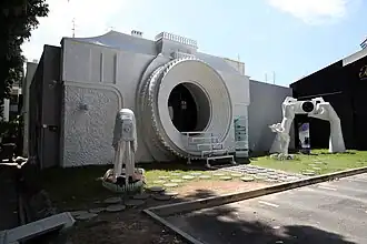 Front facade of the Vintage Camera Museum, shaped after a Rollei camera