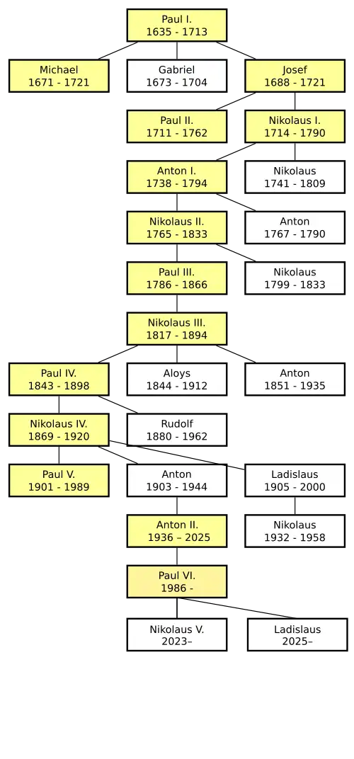 Updated Family tree of the Esterhazy family with respective heads of the family marked in yellow