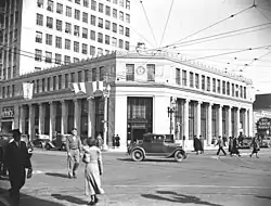 The neoclassical Farmers and Merchants National Bank branch on the corner of 6th and Pine Avenues, February 1938