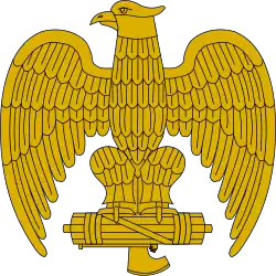 Eagle perched on fasces, as adorned on caps and helmets of Fascist Italy.