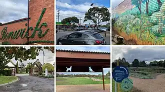 Top left across and down: Bonwick Street Sign, Bonwick Street, Fawkner Street Art, Fawkner Cemetery, Moomba Park Dog Park, Moomba Park Wetlands