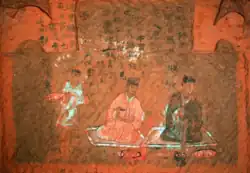 Mural of a feast with two officials wearing paofu and jinxianguan, from Taliangzi Cliff Tomb No. 3, Sichuan.