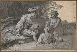 Drawing. Women in long chemises and lace headdresses (Fontanges)