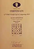 Certificate confirming first place in the FIDE World Cup, 2023.