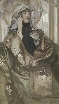 A robed woman with a halo sits draped in ornate embroidered fabric, holding a slender glass vessel and gazing thoughtfully to the side