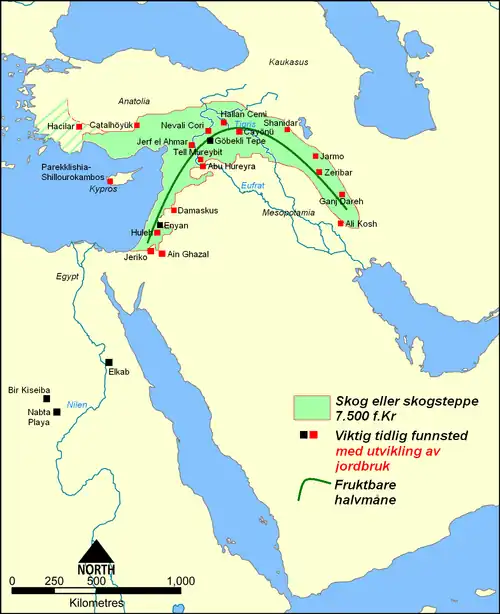 Image 24The Fertile Crescent in 7500 BC. The red squares designate farming villages. (from Cradle of civilization)
