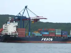 Fesco container ship in Port Vostochniy, the port at the Eastern end of the Trans-Siberian Railway