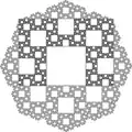 Construction by iterated collection of 8 square patterns around each square pattern.