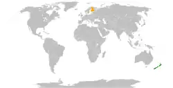 Map indicating locations of Finland and New Zealand