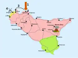 A map of Sicily showing the small amount of territory controlled by Carthage