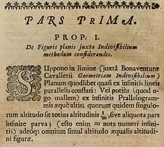 Part of the first page of John Wallis's 1655 book De sectionibus conicis nova methodo expositis tractatus. The text, in Latin, reads "Suppono in limine (juxtâ Bonaventurae Cavallerii Geometriam Indivisibilium) Planum quodlibet quasi ex infinitis lineis parallelis conflari: Vel potius (quod ego mallem) ex infinitis Prallelogrammis aequè altis; quorum quidem singulorum altitudo sit totius altitudinis 1/∞, sive alicuota pars infinite parva; (esto enim ∞ nota numeri infiniti;) adeo'q; omnium simul altitude aequalis altitudini figurae."