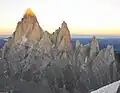 West aspect of Aguja Poincenot (centered), Fitz Roy (left)
