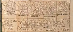 Seated deities and religious symbols.